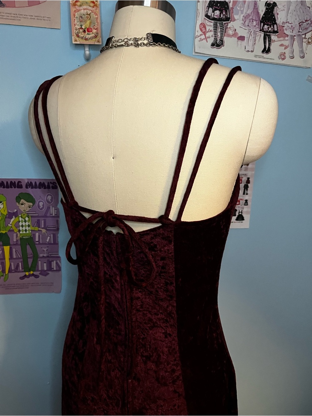 Vintage 90s Y2K Burgundy Stretch Velvet Whimsigoth Maxi Dress Sm/Md - Picture 3 of 10